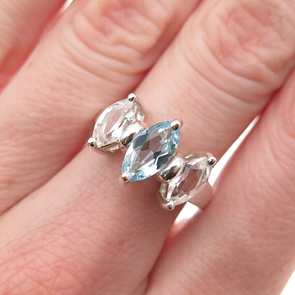925 Sterling Silver Vintage Real Marquise-Cut Blue & White Topaz Ring Size 7.25